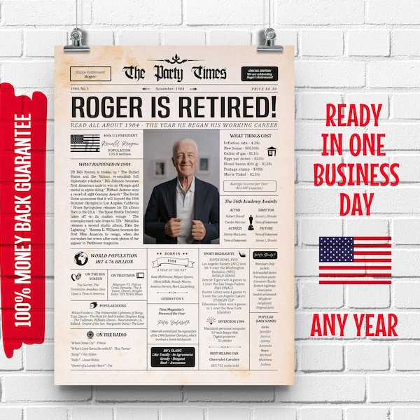 Retirement Gift for Men or Women | Work Anniversary Gift | ANY YEAR | Retirement Poster | Retirement Party Decoration | History Newspaper US