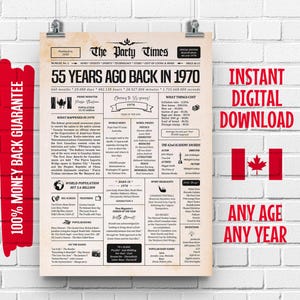 Cartel de periódico canadiense para el 70.º cumpleaños de 1955 / Regalo para el 70.º cumpleaños para hombres o mujeres / Póster de 1955 de hace 70 años / Qué sucedió en 1955