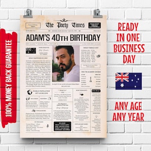1985 40th Australian Birthday Newspaper Sign | 40th Birthday Gift for Men Women | 40 Years Ago Back in 1985 Poster | What Happened in 1985
