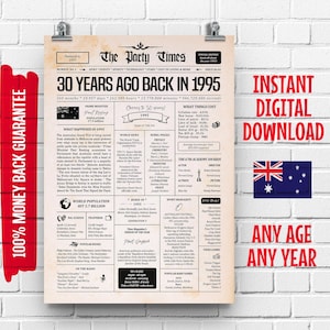 Krantenbord 30e Australische verjaardag 1995 | 30e verjaardagscadeau voor mannen of vrouwen | 30 jaar geleden, terug in 1995-poster| Wat er in 1995 gebeurde