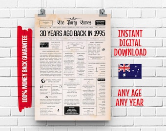 1995 30th Australian Birthday Newspaper Sign | 30th Birthday Gift for Men or Women | 30 Years Ago Back in 1995 Poster| What Happened in 1995