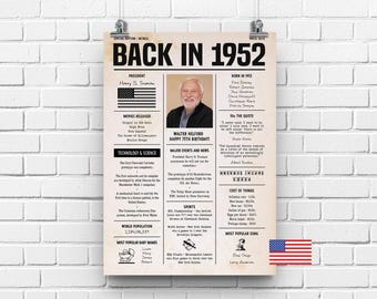 Personalized 75th Birthday Newspaper Sign | 1952 Birthday Gift for Men or Women | Digital Print