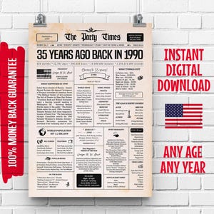 1990 35th Birthday Zeitungs-Schild | 35.Geburtstag Geschenk für Männer oder Frauen | 1990 vor 35 Jahren Poster | Was 1990 Geschah