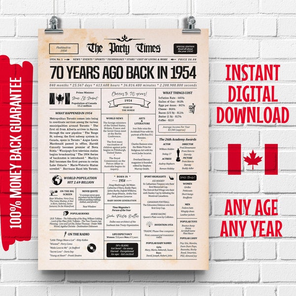 70th Birthday Canadian Newspaper Sign 1954 | 70th Birthday Gift for Men or Women | 70 Years Ago Back in 1954 Poster | What Happened in 1954