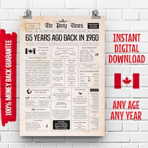 Cartel de periódico canadiense del 65.º cumpleaños de 1960 / Regalo del 65.º cumpleaños para hombres o mujeres / Póster de hace 65 años en 1960 / Qué sucedió en 1960