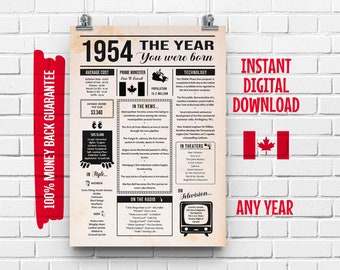 Affiche du 70e anniversaire du journal canadien 1954 | Cadeau pour 70e anniversaire pour homme ou femme | Il y a 70 ans, en 1954 | Que s'est-il passé en 1954 ?