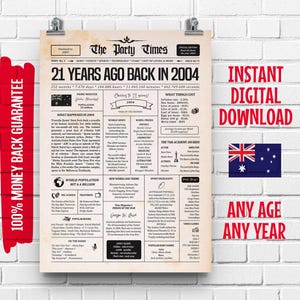 21st Birthday Australian Newspaper Sign 2004 | 21st Birthday Gift for Boy or Girl | 21 Years Ago Back in 2004 Poster | What Happened in 2004