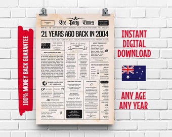 21st Birthday Australian Newspaper Sign 2004 | 21st Birthday Gift for Boy or Girl | 21 Years Ago Back in 2004 Poster | What Happened in 2004