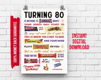 80th Birthday Candy Poster: Funny Gift, Printable Sign (Instant Download)