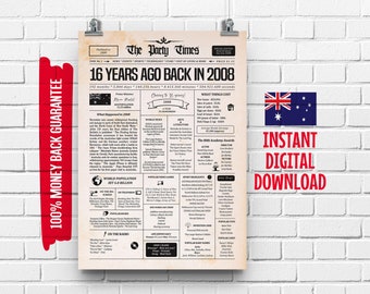 16th Birthday Australian Newspaper Sign 2008 | 16th Birthday Gift for Boy or Girl | 16 Years Ago Back in 2008 Poster | What Happened in 2008