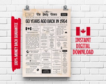 Panneau de journal canadien du 60e anniversaire 1964 | Cadeau du 60e anniversaire pour homme ou femme | Il y a 60 ans en 1964 Affiche | Que s'est-il passé en 1964