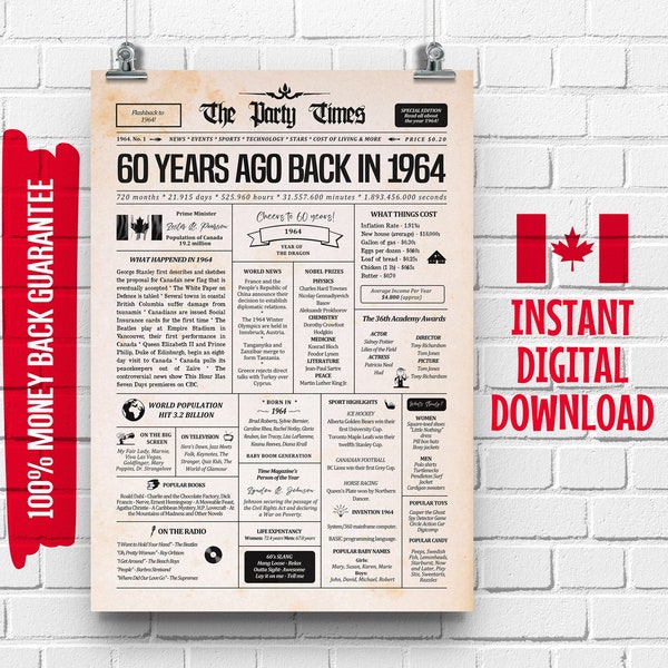 Panneau de journal canadien du 60e anniversaire 1964 | Cadeau du 60e anniversaire pour homme ou femme | Il y a 60 ans en 1964 Affiche | Que s'est-il passé en 1964