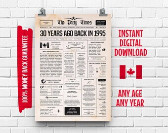 30th Birthday Canadian Newspaper Sign 1995 | 30th Birthday Gift for Men or Women | 30 Years Ago Back in 1995 Poster | What Happened in 1995