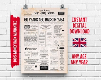Affiche de journal du Royaume-Uni pour son 60e anniversaire en 1964 Royaume-Uni | Il y a 60 ans, en 1964 | En 1964, signez les faits britanniques