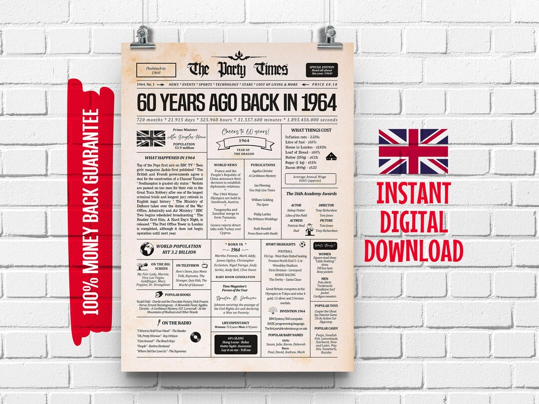 UK 60th Birthday Newspaper Poster Back in 1964 United Kingdom 60 Years