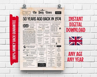 Affiche de journal du Royaume-Uni pour son 50e anniversaire en 1974 Royaume-Uni | Il y a 50 ans, en 1974 | Retour en 1974 Signez les faits britanniques