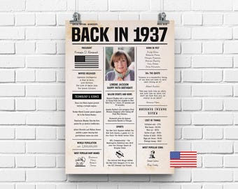 Personalized 90th Birthday Newspaper Poster | 1937 Birthday Gift for Grandma or Grandpa | Digital Print