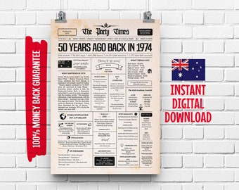 1974 50th Australian Birthday Newspaper Sign | 50th Birthday Gift for Men or Women | 50 Years Ago Back in 1974 Poster| What Happened in 1974