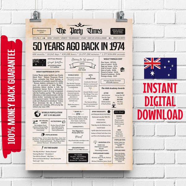 1974 50th Australian Birthday Newspaper Sign | 50th Birthday Gift for Men or Women | 50 Years Ago Back in 1974 Poster| What Happened in 1974