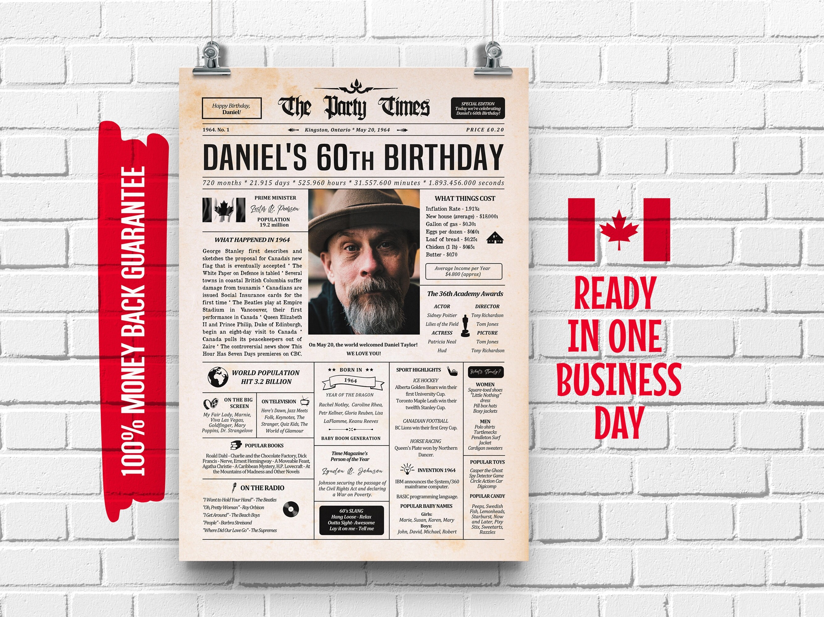 1964 60th Canadian Birthday Newspaper Sign 60th Birthday Gift for Men