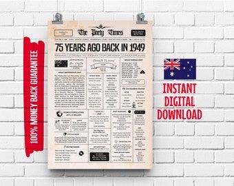 1949 75th Australian Birthday Newspaper Sign | 75th Birthday Gift for Men or Women | 75 Years Ago Back in 1949 Poster |What Happened in 1949