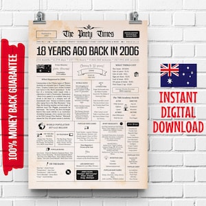 18th Birthday Australian Newspaper Sign 2006 | 18th Birthday Gift for Boy and Girl | 18 Years Ago Back in 2006 Poster| What Happened in 2006