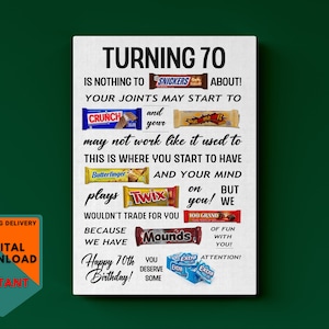 70. Geburtstag Candy Poster | Geburtstags-Süßigkeits-Zeichen | 70er Geburtstag Ideen | Candy Gramm | Sofortdownload | Lustiges Geburtstagsgeschenk | Zum Selbermachen