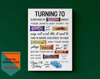 70th Birthday Candy Poster: Funny Gift, Printable Sign (Instant Download)