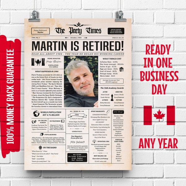 Retirement Gift for Men or Women | Work Anniversary Gift | ANY YEAR | Retirement Poster | Retirement Party Decoration | Canadian Newspaper