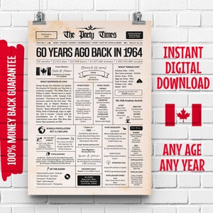 Affiche du 60e anniversaire du journal canadien 1964 Cadeau pour 60e anniversaire pour homme ou femme Il y a 60 ans, en 1964 Que s'est-il passé en 1964 image 1