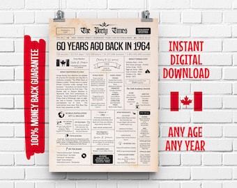 60th Birthday Canadian Newspaper Sign 1964 | 60th Birthday Gift for Men or Women | 60 Years Ago Back in 1964 Poster | What Happened in 1964