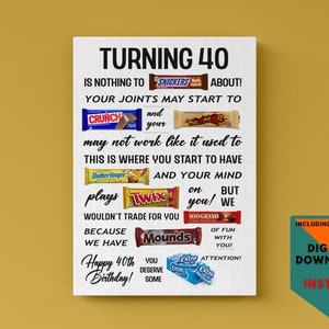 40. Geburtstag Candy Poster | Geburtstags-Süßigkeits-Zeichen | 40. Geburtstag-Ideen | Candy Gramm | Sofortdownload | Lustiges Geburtstagsgeschenk | Zum Selbermachen