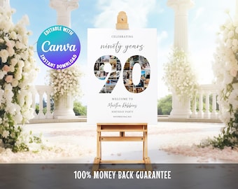 May include: A white sign on a wooden easel, celebrating a 90th birthday. The number 90 is filled with photos. Text reads "Celebrating ninety years, Welcome to Martha Robbins, Birthday Party, November 23rd, 2023." The sign is editable with Canva.