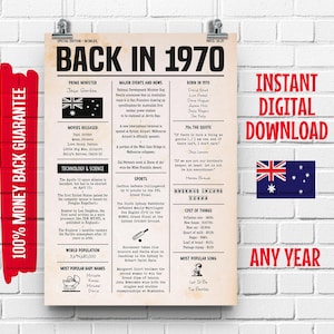 May include: A poster with the headline "Back in 1970", featuring information about the year's events, movies, and popular culture. The poster includes the Australian flag and the text "Instant Digital Download."