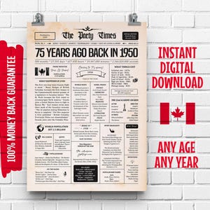 Cartel de periódico canadiense del 75.° cumpleaños de 1950 / Regalo del 75.° cumpleaños para hombres o mujeres / Póster de hace 75 años en 1950 / Qué sucedió en 1950