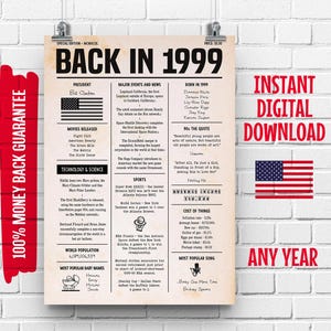 May include: A vintage-style poster titled "Back in 1999" with information about the year's events, movies, and popular culture. The poster includes an American flag graphic and the text "Instant Digital Download."