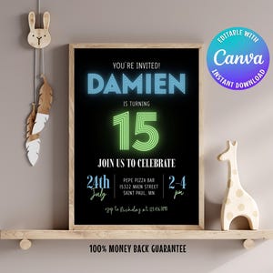 Neon Birthday Invitation: Editable Canva Template (Digital Download A4/8.5x11in US)