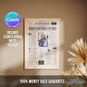 Editable Retirement Newspaper Template: Farewell Gift Keepsake (Canva DIY Printable, A4/8.5x11 inches)