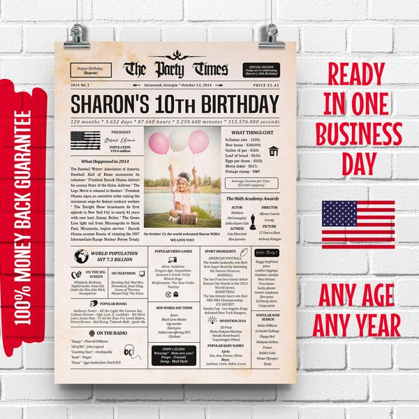 10th Birthday Newspaper Poster Sign 2014 US | 10th Birthday Gift for Boy or Girl | Born in 2014 | 10 Years Ago Back in 2014 Highlights
