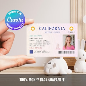 Puede incluir: Un permiso de conducir de California con la foto de una persona joven. La licencia incluye datos personales y el texto "California Drivers Licence". La imagen también incluye un logotipo de Canva y una garantía.