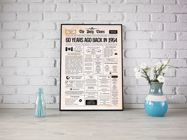 Affiche du 60e anniversaire du journal canadien 1964 Cadeau pour 60e anniversaire pour homme ou femme Il y a 60 ans, en 1964 Que s'est-il passé en 1964 image 5