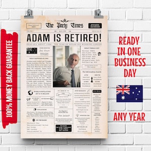 Retirement Gift for Men or Women | Work Anniversary Gift | ANY YEAR | Retirement Poster | Retirement Party Decoration | Australian Newspaper