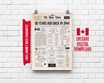 80th Birthday Canadian Newspaper Sign 1944 | 80th Birthday Gift for Men or Women | 80 Years Ago Back in 1944 Poster | What Happened in 1944