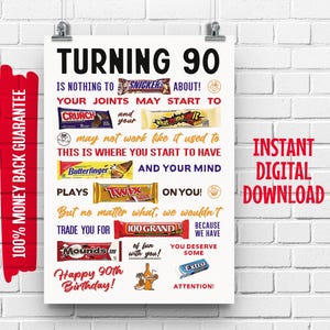 90er Jahre Geburtstag Poster | Geburtstags-Süßigkeits-Zeichen | 90er Jahre Geburtstag Ideen | Candy Gramm | Sofortdownload | Lustiges Geburtstagsgeschenk | Zum Selbermachen