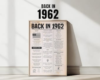 1962 Birthday Newspaper Sign: Fun Facts Trivia - Large Wall Art (Digital Download)