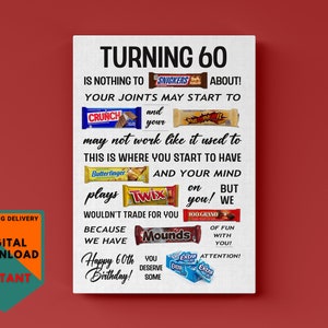 60. Geburtstag Candy Poster | Geburtstags-Süßigkeits-Zeichen | 60er Geburtstag Ideen | Candy Gramm | Sofortdownload | Lustiges Geburtstagsgeschenk | Zum Selbermachen