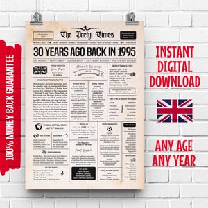 UK 30th Birthday Zeitungsposter 1995 Grossbritannien | 1995 vor 30 Jahren Poster | Zurück im Jahr 1995 signierte britische Fakten