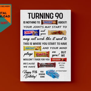 Afdrukbare snoepposter 90e verjaardag | Verjaardagssnoepbord | 90e verjaardagsideeën | Candy Gram | Direct downloaden | Grappig verjaardagscadeau | Doe-het-zelf