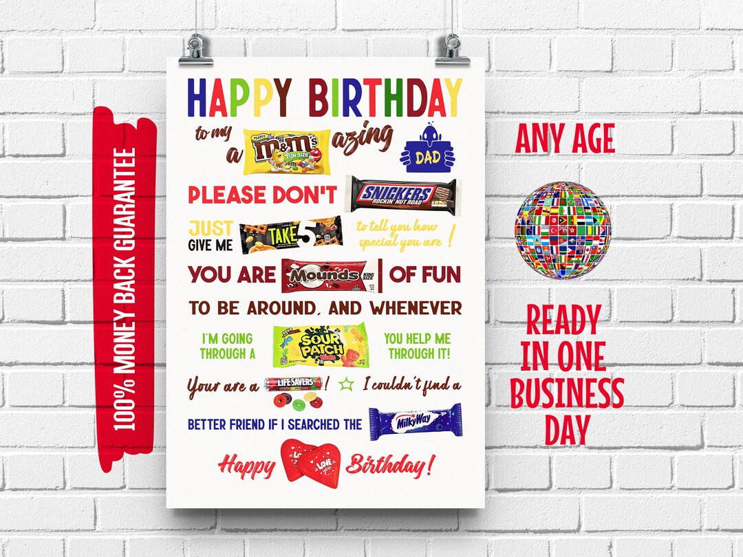 Birthday Candy Poster Sign Birthday Gift for Dad Happy Birthday Many ...