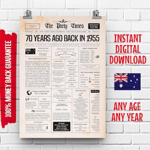 Letrero de periódico para el 70.º cumpleaños australiano de 1955 / Regalo de 70.º cumpleaños para hombres o mujeres / Paquete de 70 años de 1955 / ¡Saludos por los 70 años!